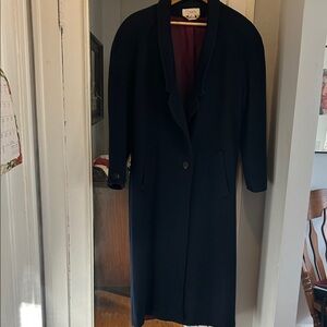 Vintage and Elegant Navy 100% Wool Coat
Length is 48” — latest style…long coat!